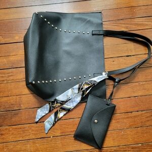 Chic Black Studded Tote with Scarf Accent